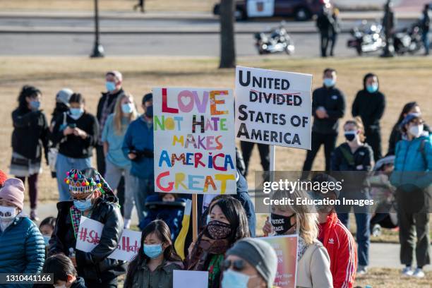 St. Paul, Minnesota. Asian Americans and supporting communities rally at the capitol to remember the victims of Atlanta Killings and show the world...