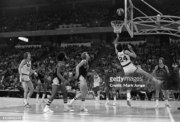 January 23, 1976: Denver Nuggets forward Bobby Jones drives to the basket during an ABA game against the San Antonio Spurs at McNichols Arena on...