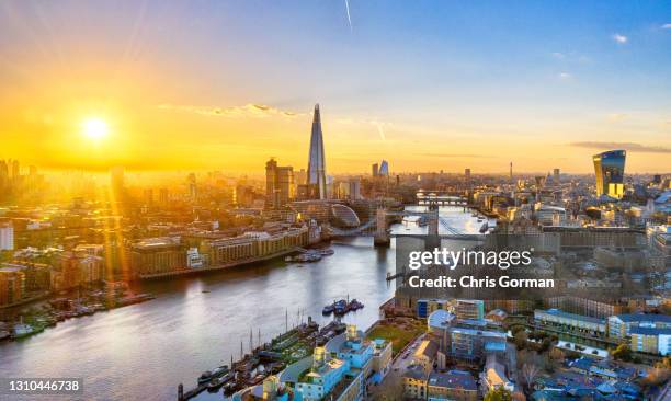 General view of a blazing sunset over the city on February 26, 2021 in London, United Kingdom. On this day in 2018, the original Beast From the East...