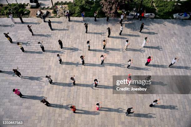 wild goose pagoda morning exercise class - tai chi shadow stock pictures, royalty-free photos & images