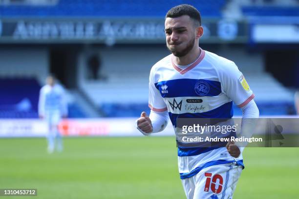 Ilias Chair of Queens Park Rangers celebrates after scoring their side's third goal during the Sky Bet Championship match between Queens Park Rangers...