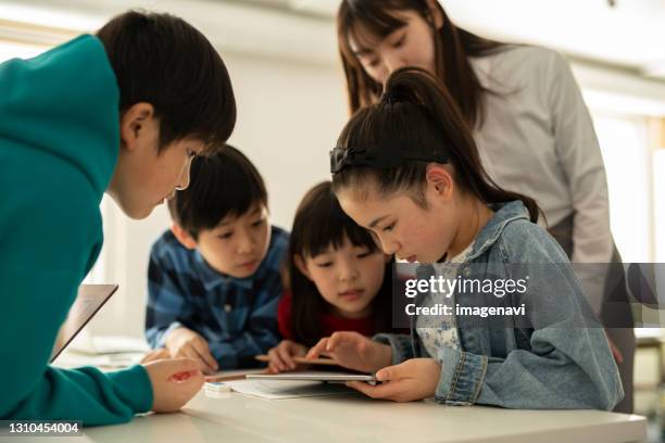 ict in education - elementary school students and teacher looking at tablet pc - japanese elementary school bildbanksfoton och bilder