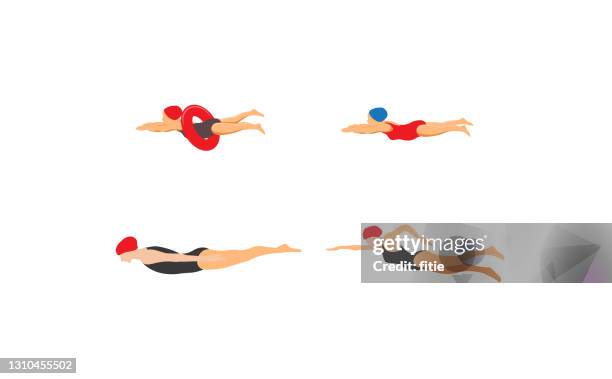ilustraciones, imágenes clip art, dibujos animados e iconos de stock de cuatro chicas diferentes con gorra de baño y anillo están rebosantes en la piscina. - nadador
