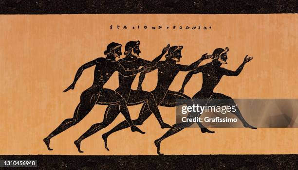 griechische vase zeigt athleten, die ein rennen in olympia griechenland laufen - griechische kultur stock-grafiken, -clipart, -cartoons und -symbole