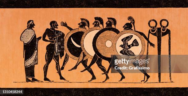 greek vase showing soldiers meeting politicians in olympia greece - ancient olympia greece stock illustrations
