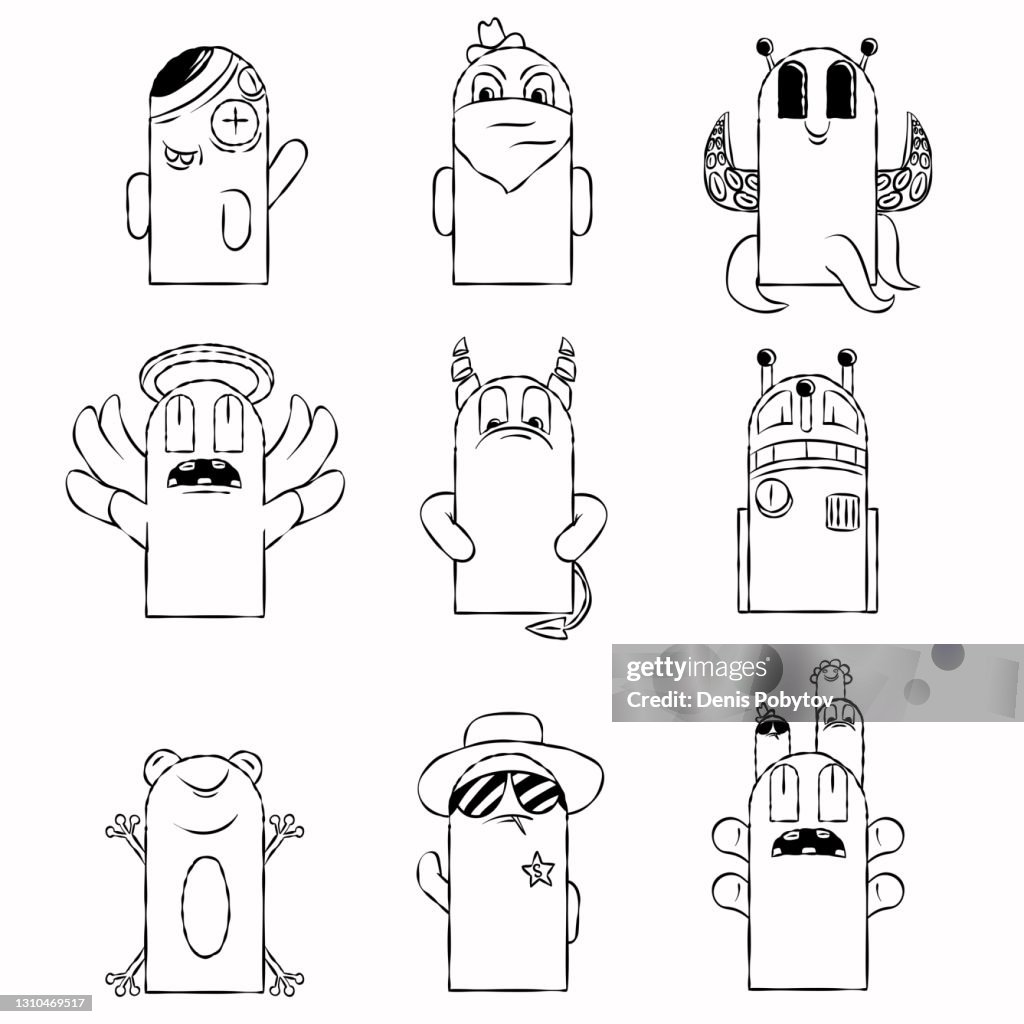 Ensemble de dessin animé des icônes de griffonnage - caractères drôles noirs et blancs.