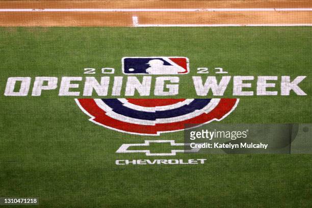 General view of the 2021 Opening Week logo painted on the field during the game between the Los Angeles Angels and the Chicago White Sox on Opening...