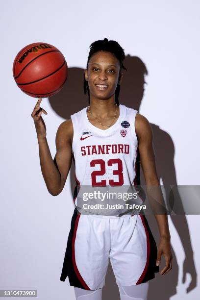 Kiana Williams of the Stanford Cardinal poses during media day during the NCAA Women's Basketball Tournament at Henry B. González Convention Center...