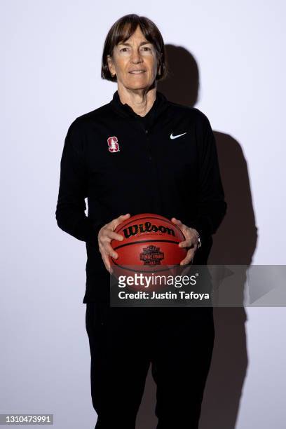 Head coach Tara VanDerveer of the Stanford Cardinal poses during media day during the NCAA Women's Basketball Tournament at Henry B. González...