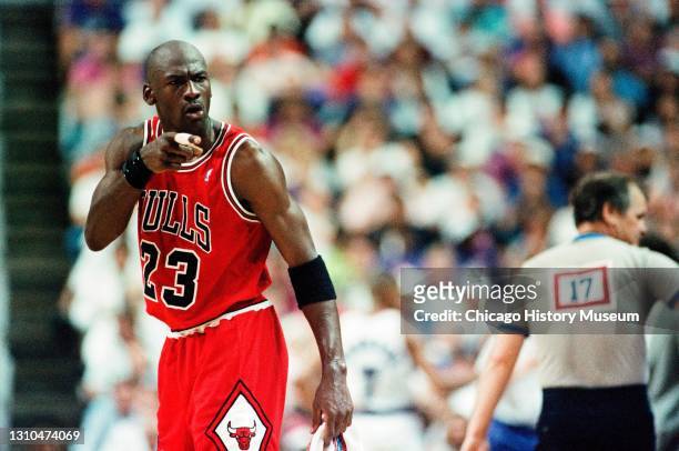 Michael Jordan on the court during the NBA Finals Game 2 between the Chicago Bulls and the Phoenix Suns, Phoenix, Arizona, June 11, 1993.