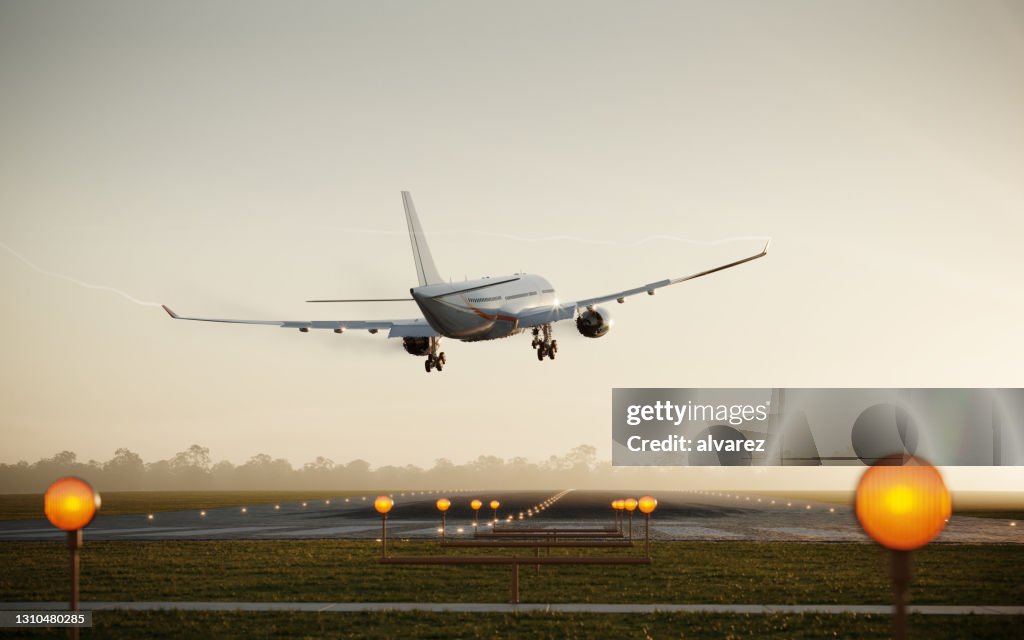 3D-Render eines Passagierflugzeugs, das auf der Landebahn landet