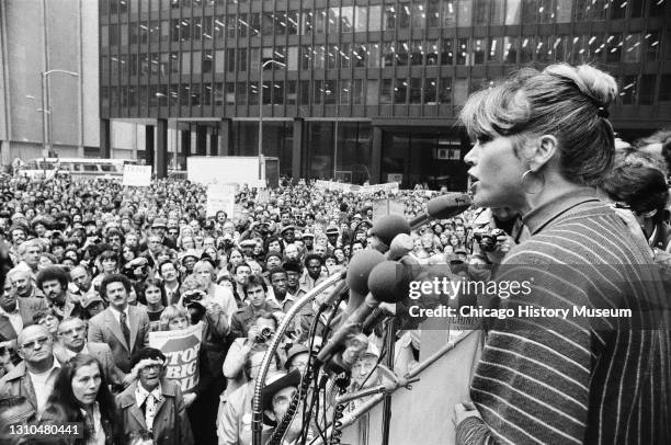 Jane Fonda speaks at a rally to protest fuel prices at Federal Building Plaza on 219 South Dearborn Street, Chicago, Illinois, October 17, 1979.