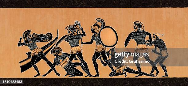 griechische vase zeigt soldaten, die im krieg in athen griechenland kämpfen - krieger stock-grafiken, -clipart, -cartoons und -symbole