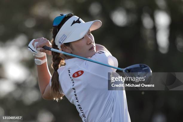 Erika Hara of Japan tees off on the 11th hole during round two of the ANA Inspiration at the Dinah Shore course at Mission Hills Country Club on...