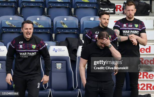 Norwich City manager Daniel Farke shows his dejection during the Sky Bet Championship match between Preston North End and Norwich City at Deepdale on...