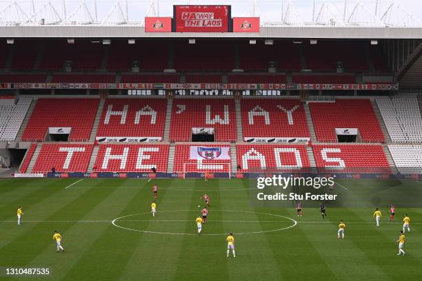 General viewof the action with the 'Ha'way the lads' signage seen on the empty seating during the Sky Bet League One match between Sunderland and...