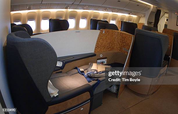 The new British Airways first class seat that opens to a fully flat bed is debuted December 7, 2000 in a Boeing 777 jet at O''Hare International...