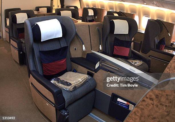 The new British Airways first class cabin with seats that open into a fully flat beds is debuted December 7, 2000 in a Boeing 777 jet at O''Hare...
