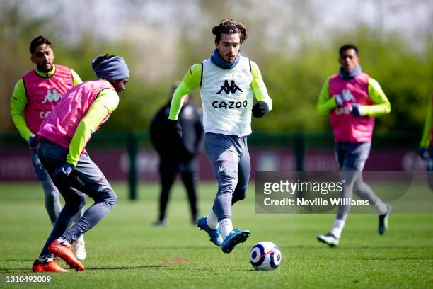 Jack Grealish of Aston Villa in action during a training session at Bodymoor Heath training ground on April 02, 2021 in Birmingham, England.