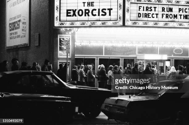 Crowds line up at the Gateway Theater, 5216 West Lawrence Avenue, Chicago, Illinois to buy tickets to 'The Exorcist.', January 2, 1974.