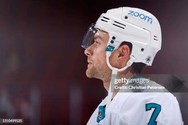 Dylan Gambrell of the San Jose Sharks warms up during the NHL game against the Arizona Coyotes at Gila River Arena on March 27, 2021 in Glendale,...