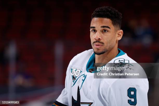 Evander Kane of the San Jose Sharks warms up during the NHL game against the Arizona Coyotes at Gila River Arena on March 27, 2021 in Glendale,...