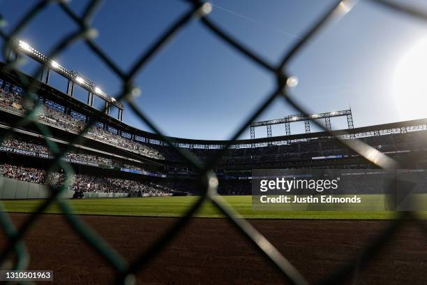 General view of the stadium from behind the right field fence as the Los Angeles Dodgers take on the Colorado Rockies during the eighth inning on...