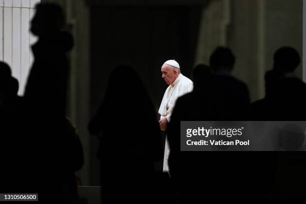 Pope Francis leads the Stations of the Cross from the Sagrato of St Peter's Basilica on April 02, 2021 in Vatican City, Vatican. This year the...