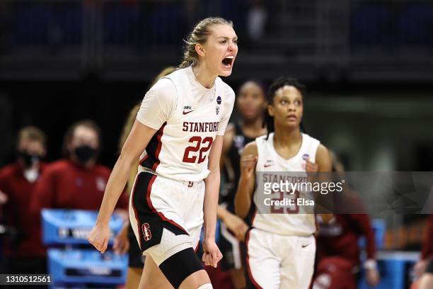 Cameron Brink of the Stanford Cardinal reacts against the South Carolina Gamecocks during the fourth quarter in the Final Four semifinal game of the...