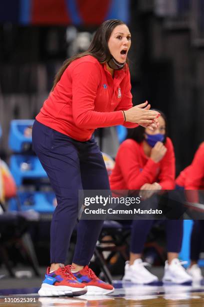 Head coach Adia Barnes of the Arizona Wildcats reacts against the UConn Huskies during the second quarter in the Final Four semifinal game of the...