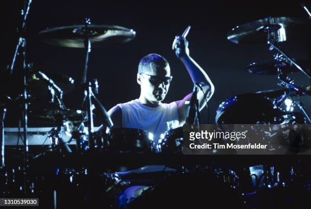Jon Farriss of INXS performs at San Jose Arena on April 8, 1994 in San Jose, California.