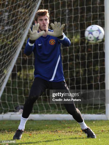 David de Gea of Manchester United in action during a first team training session, ahead of their UEFA Champions League Group C match against Otelul...