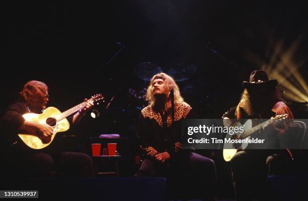 Ed King, Johnny Van Zant, and Gary Rossington of Lynyrd Skynyrd perform at Shoreline Amphitheatre on July 28, 1994 in Mountain View, California.