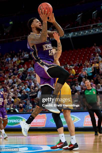 Jarell Martin of the Kings lays up the ball during the round 12 NBL match between the Sydney Kings and Brisbane Bullets at Qudos Bank Arena, on April...