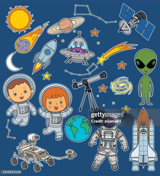 astronaut and space objects - kid telescope stock illustrations