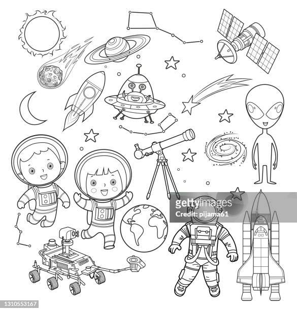 schwarz-weiße astronauten- und weltraumobjekte - coloring stock-grafiken, -clipart, -cartoons und -symbole