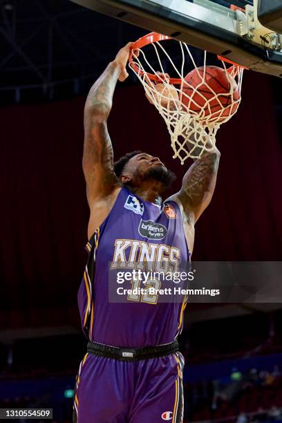 Jarell Martin of the Kings dunks the ball during the round 12 NBL match between the Sydney Kings and Brisbane Bullets at Qudos Bank Arena, on April...