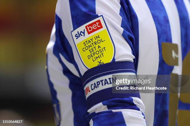 The Captain's armband and Sky Bet logo during the Sky Bet Championship match between Watford and Sheffield Wednesday at Vicarage Road on April 02,...