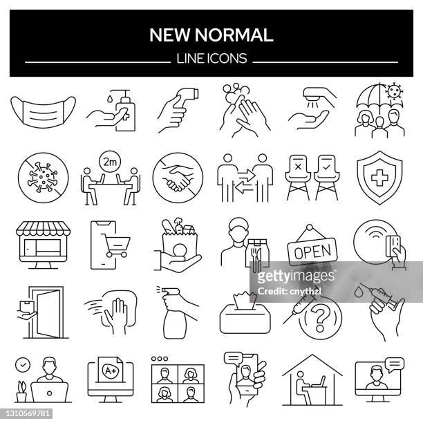 set of new normal related line icons. outline symbol collection, editable stroke - avoidance icon stock illustrations