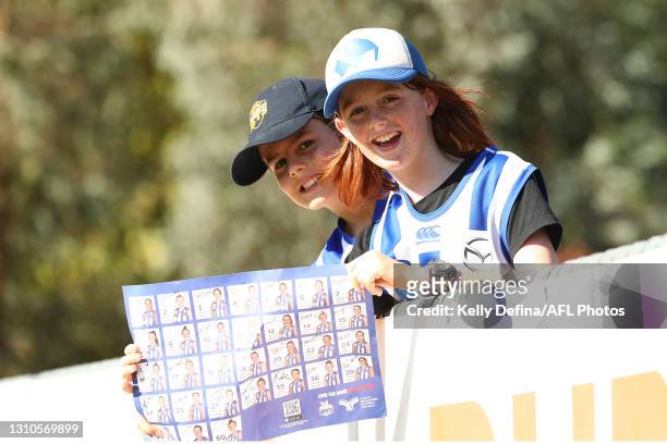 Fans show support during the AFLW Finals Series match between the Collingwood Magpies and the North Melbourne Kangaroos at Victoria Park on April 03,...
