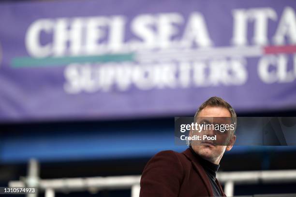 Pundit and former Chelsea player, Joe Cole is seen working for BT Sport prior to the Premier League match between Chelsea and West Bromwich Albion at...