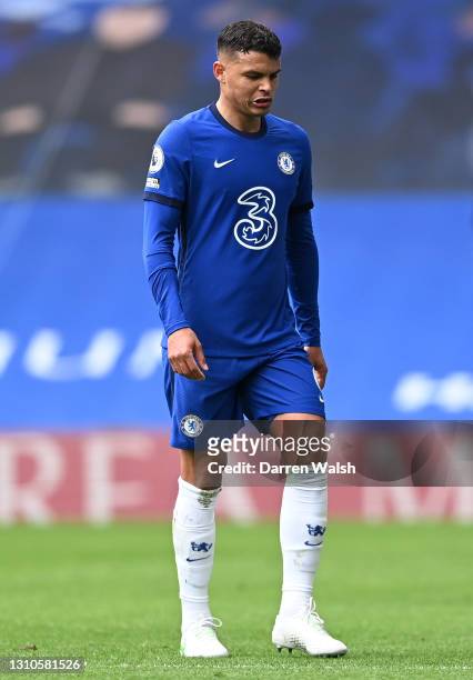Thiago Silva of Chelsea looks dejected as he leaves the pitch after being sent off during the Premier League match between Chelsea and West Bromwich...