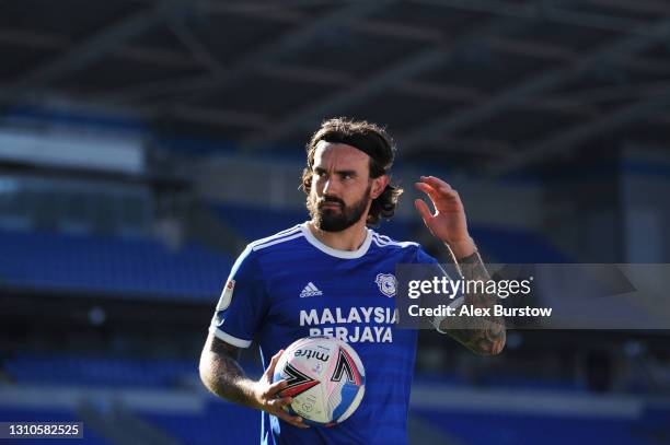 Marlon Pack of Cardiff City looks on as he prepares to take a throw-in during the Sky Bet Championship match between Cardiff City and Nottingham...