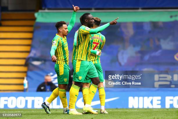Matheus Pereira of West Bromwich Albion celebrates with teammates after scoring their team's first goal during the Premier League match between...