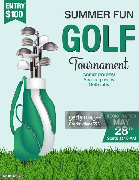 ilustrações, clipart, desenhos animados e ícones de modelo de torneio de golfe com bolsa, clubes e grama - taco de golfe