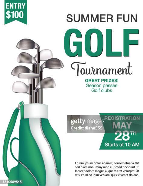 ilustrações de stock, clip art, desenhos animados e ícones de golf tournament template with bag andclubs - spring benefit