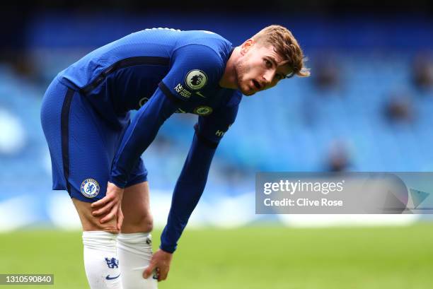 Timo Werner of Chelsea looks on during the Premier League match between Chelsea and West Bromwich Albion at Stamford Bridge on April 03, 2021 in...