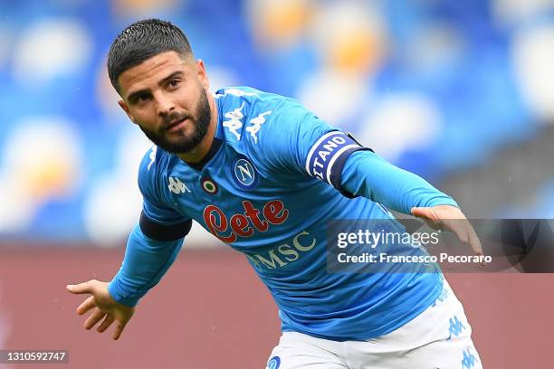 Lorenzo Insigne of SSC Napoli celebrates after scoring their side's first goal during the Serie A match between SSC Napoli and FC Crotone at Stadio...