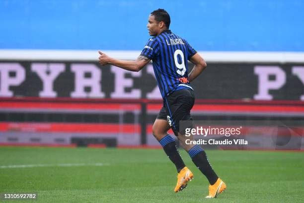 Luis Muriel of Atalanta B.C. Celebrates after scoring their side's first goal during the Serie A match between Atalanta BC and Udinese Calcio at...