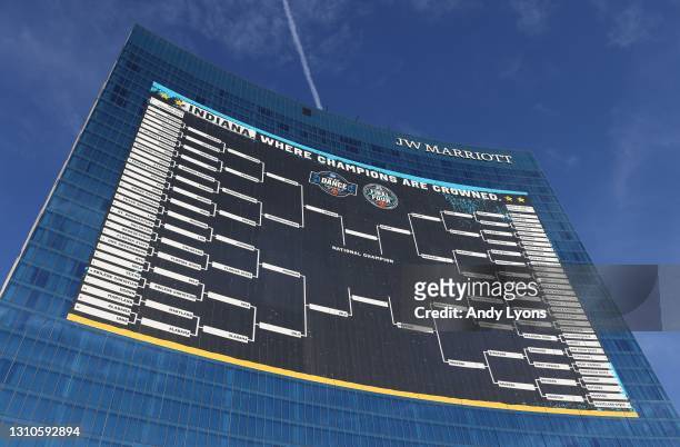 Exterior picture of the JW Marriott Hotel which has the entire bracket of the NCAA Men's Basketball Tournament hanging on its building on April 03,...